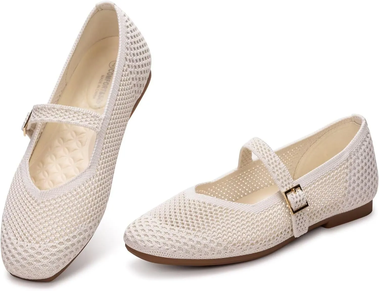 Frank Mully Womens Casual Flat Shoes Square Toe Shoes Knitted Mesh Flat Comfort Work Flat Shoes for Daily Washable