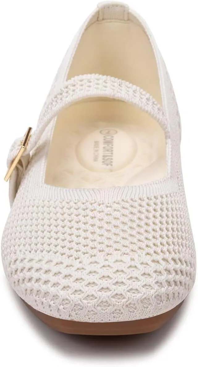 Frank Mully Womens Casual Flat Shoes Square Toe Shoes Knitted Mesh Flat Comfort Work Flat Shoes for Daily Washable