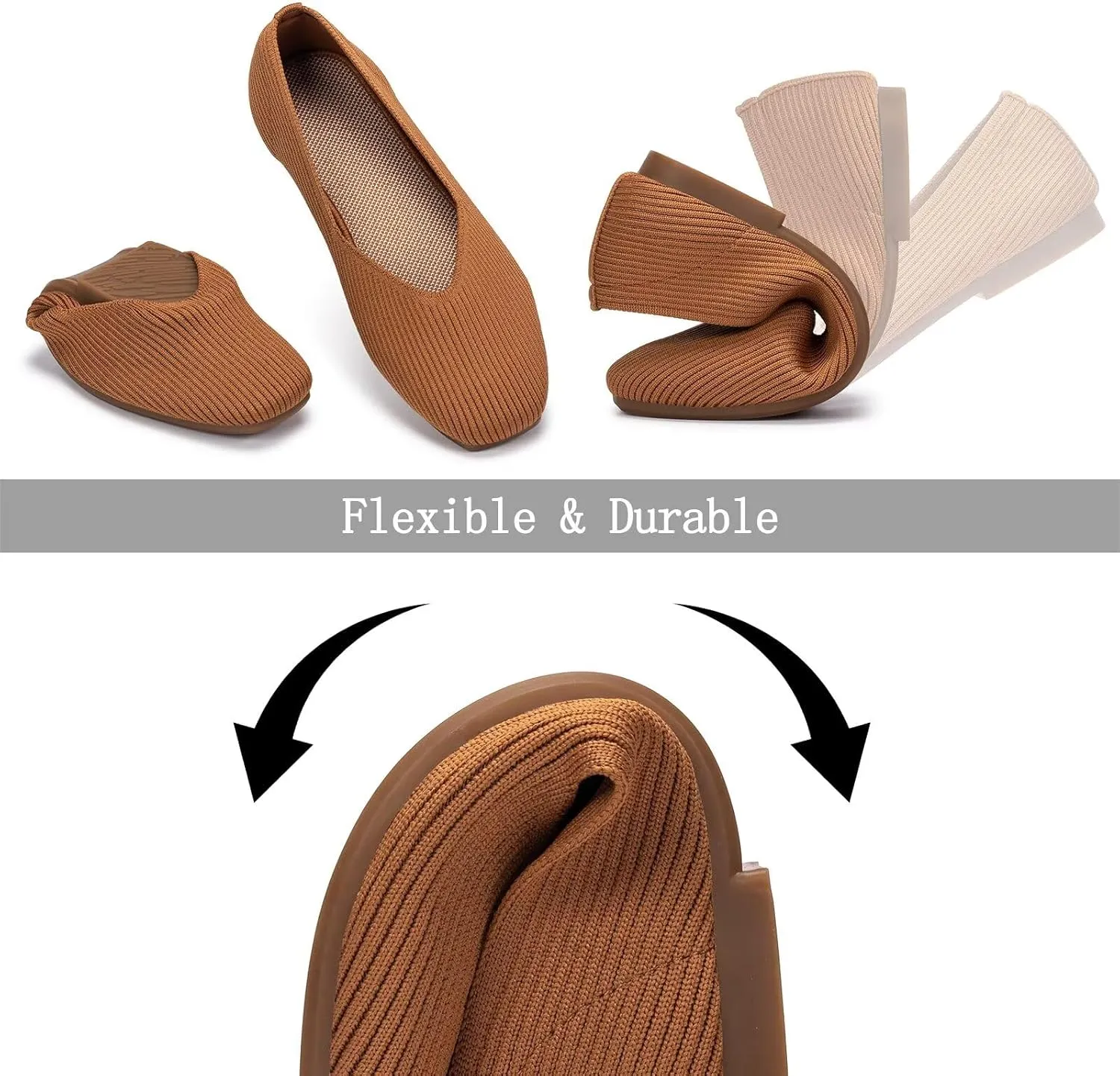 Frank Mully Womens Casual Flat Shoes Square Toe Shoes Knitted Work Flat Comfort Dressy Flat Shoes for Daily Washable