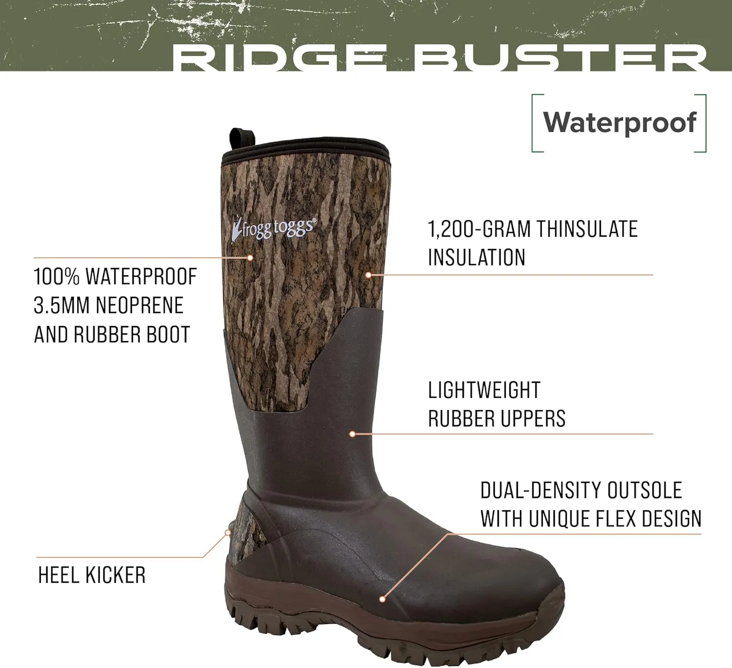 FROGG TOGGS Men's Ridge Buster Waterproof, Insulated Rubber Hunting Boot Neoprene and Thinsulate