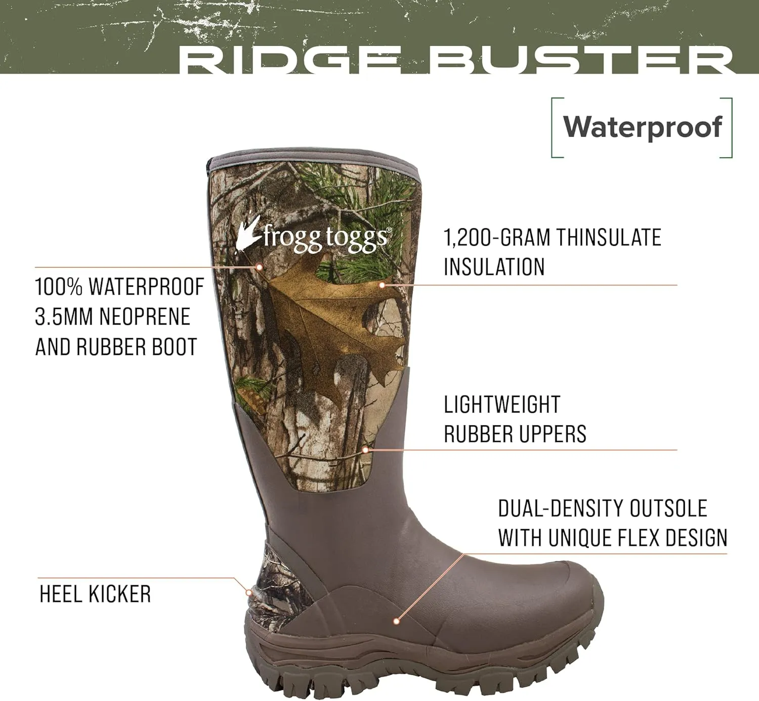FROGG TOGGS Men's Ridge Buster Waterproof, Insulated Rubber Hunting Boot Neoprene and Thinsulate