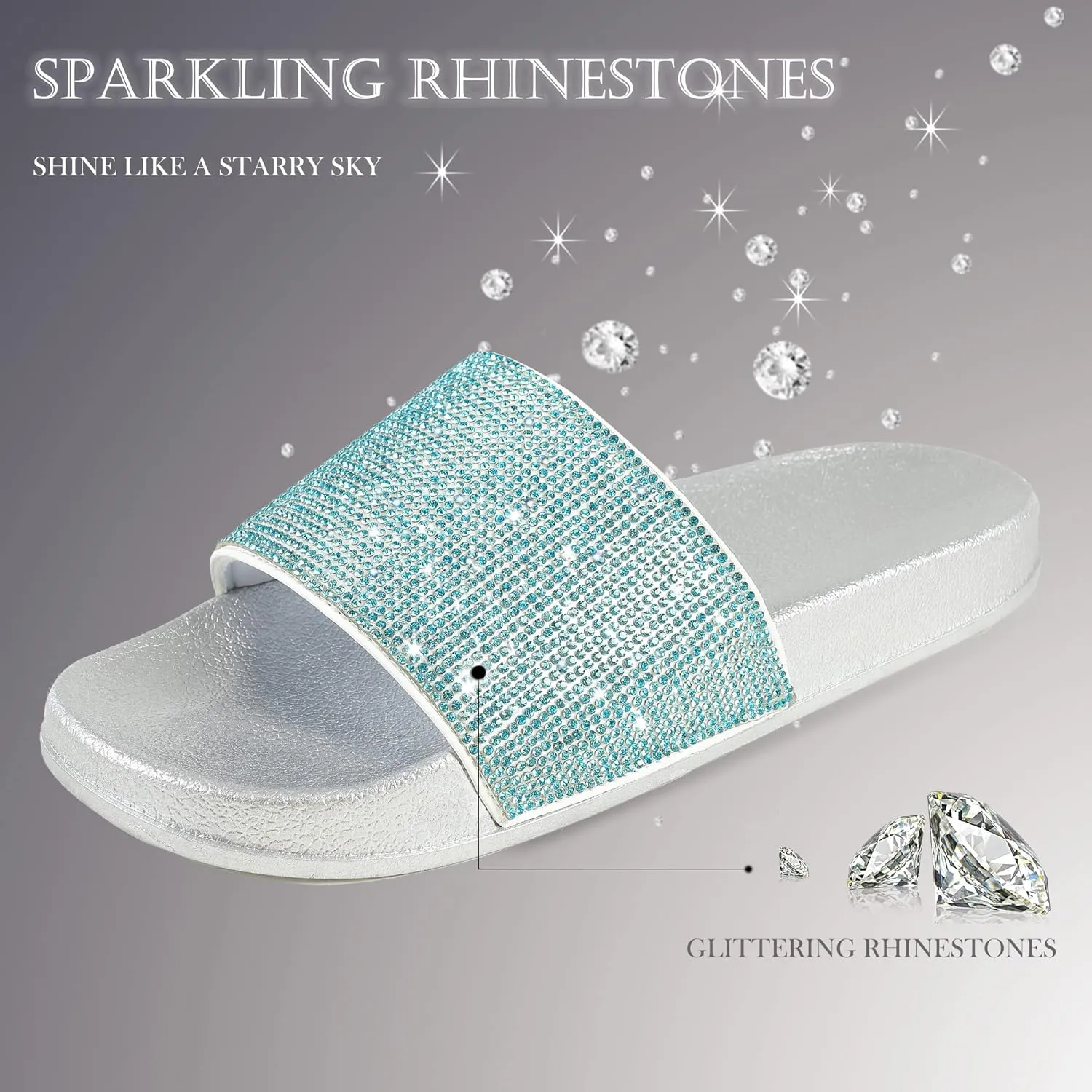 Fur Story Womens Slides House Slippers Rhinestone Glitter Slides Cute bling Flat for Women Platform Sandals Cozy Bedroom Slippers Shower Shoes