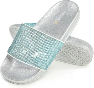 Fur Story Womens Slides House Slippers Rhinestone Glitter Slides Cute bling Flat for Women Platform Sandals Cozy Bedroom Slippers Shower Shoes