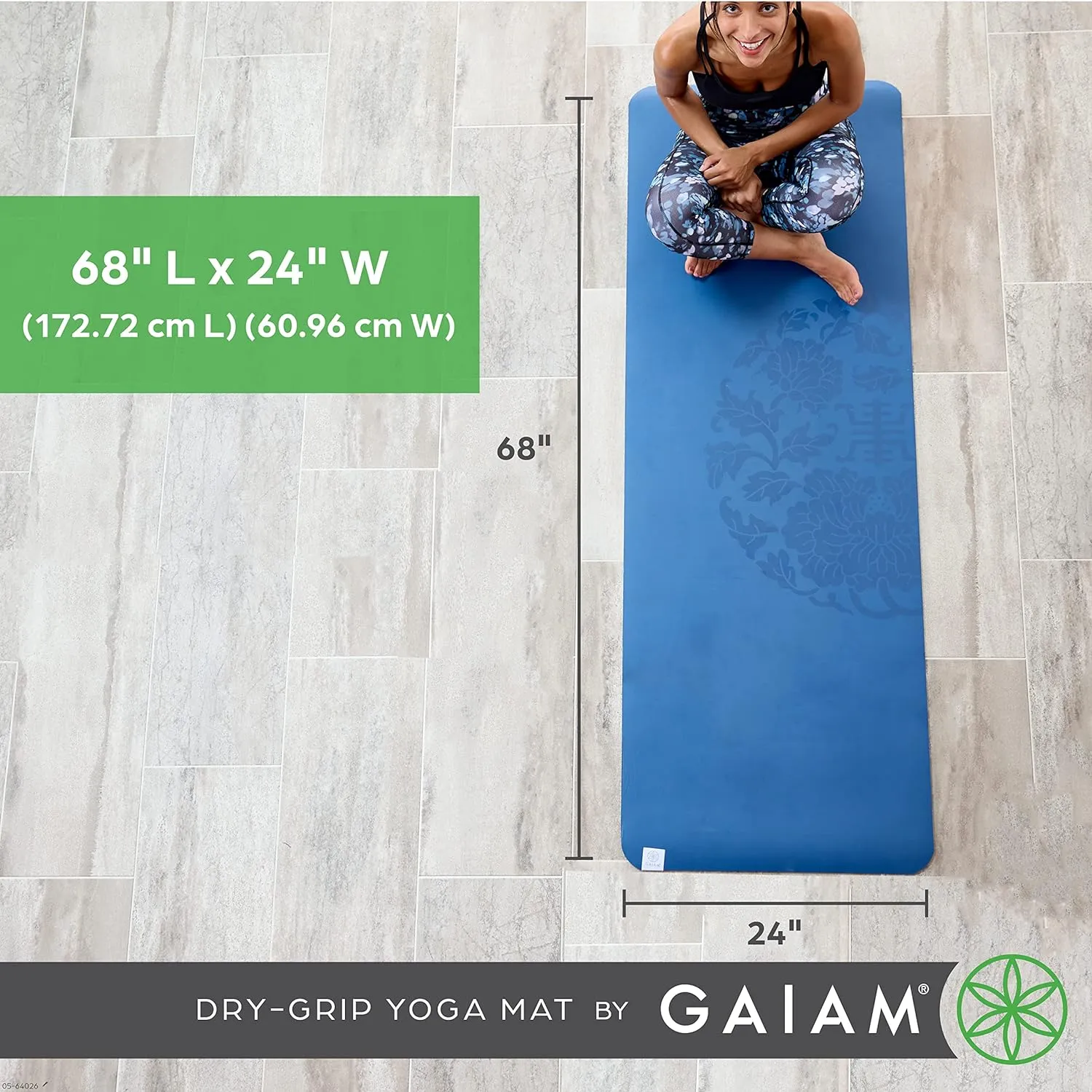 Gaiam Dry-Grip Yoga Mat - 5mm Thick Non-Slip Exercise & Fitness Mat for Standard or Hot Yoga, Pilates and Floor Workouts - Cushioned Support, Non-Slip Coat - 68 x 24 Inches