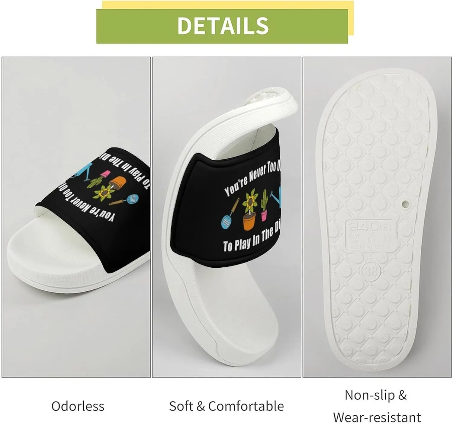 Gardening Pattern Inspirational Slippers Shower Slipper In-Door Slipper Quick Drying Non-Slip Bathroom Pool Woman Man PVC