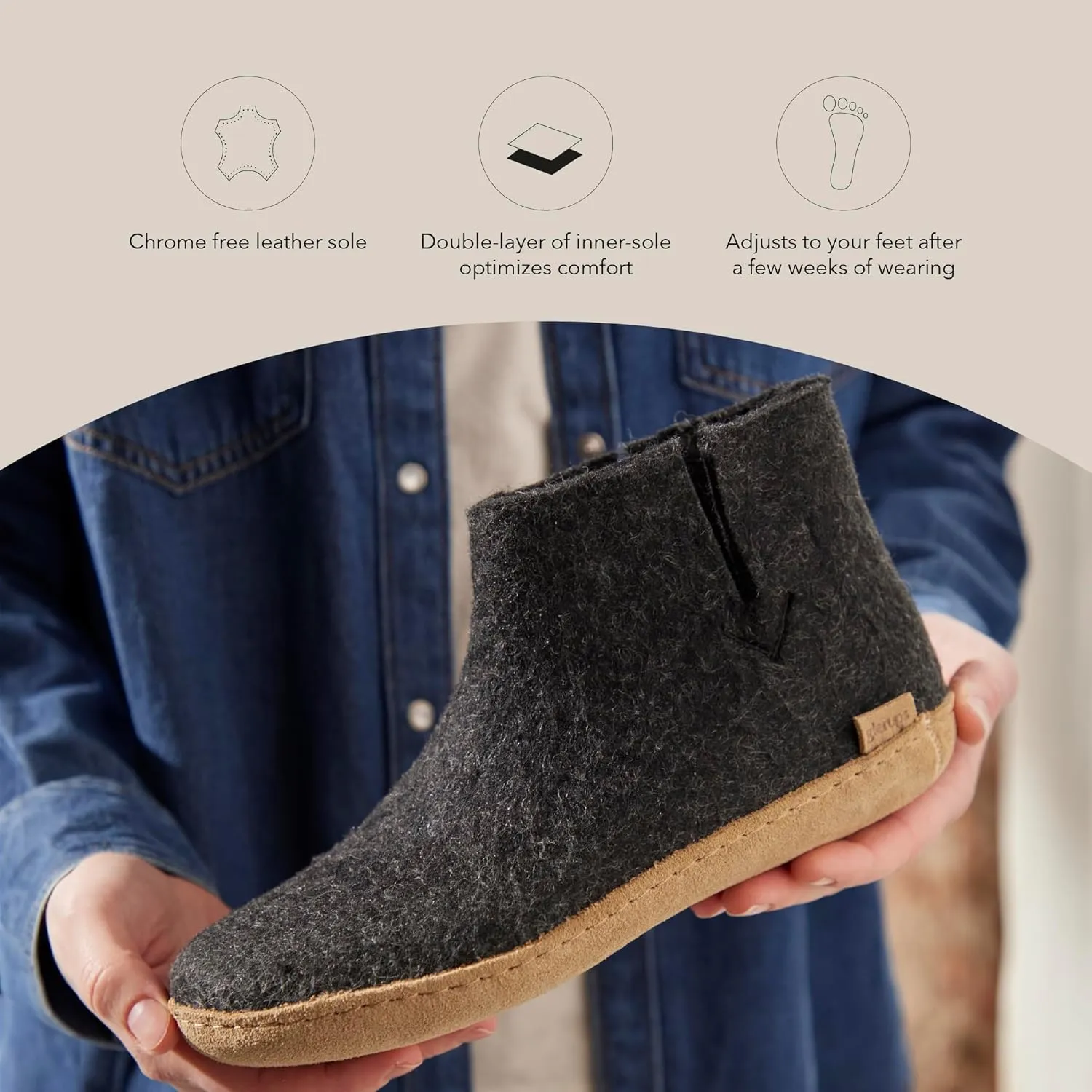 Glerups 100% Gotland Sheep Wool Boot Slipper with leather sole - Unisex