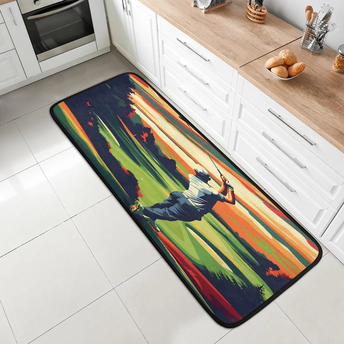 Golf Sport Runner Rug 2ft x 6ft Washable Laundry Rug, Non Slip Hallway Entryway Mat, Golf Resort Sunset Valley Area Carpet Runner for Bathroom Bedroom Living Room Kitchen