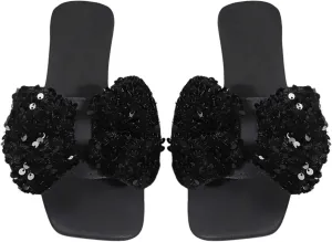 GORGLITTER Bow Sandals Sequin Glitter Flat Sandals Open Toe Slip On Slides Shoes