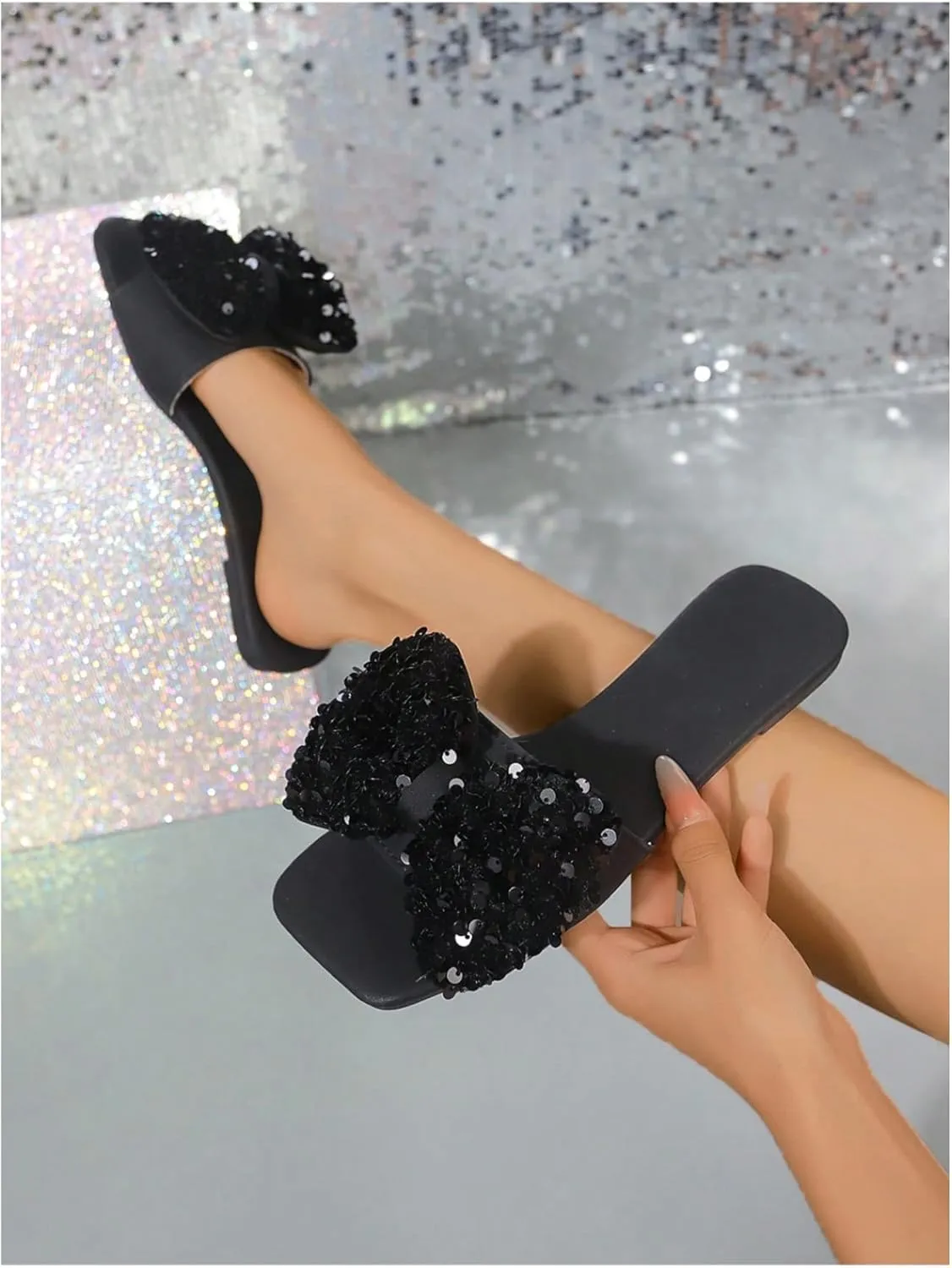 GORGLITTER Bow Sandals Sequin Glitter Flat Sandals Open Toe Slip On Slides Shoes