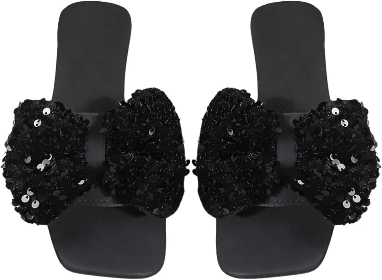 GORGLITTER Bow Sandals Sequin Glitter Flat Sandals Open Toe Slip On Slides Shoes