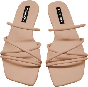 GORGLITTER PU Leather Flat Slip on Sandals Cross Strap Open Toe Summer Slide Sandals