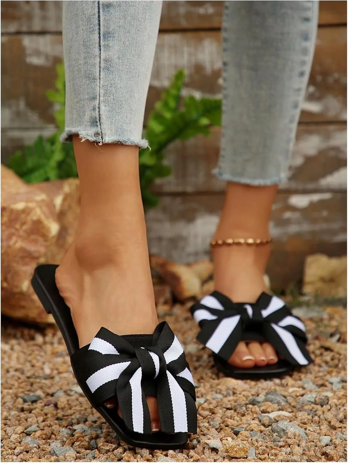 GORGLITTER Women's Bow Sandals Square Open Toe Slip on Dressy Summer Sandals