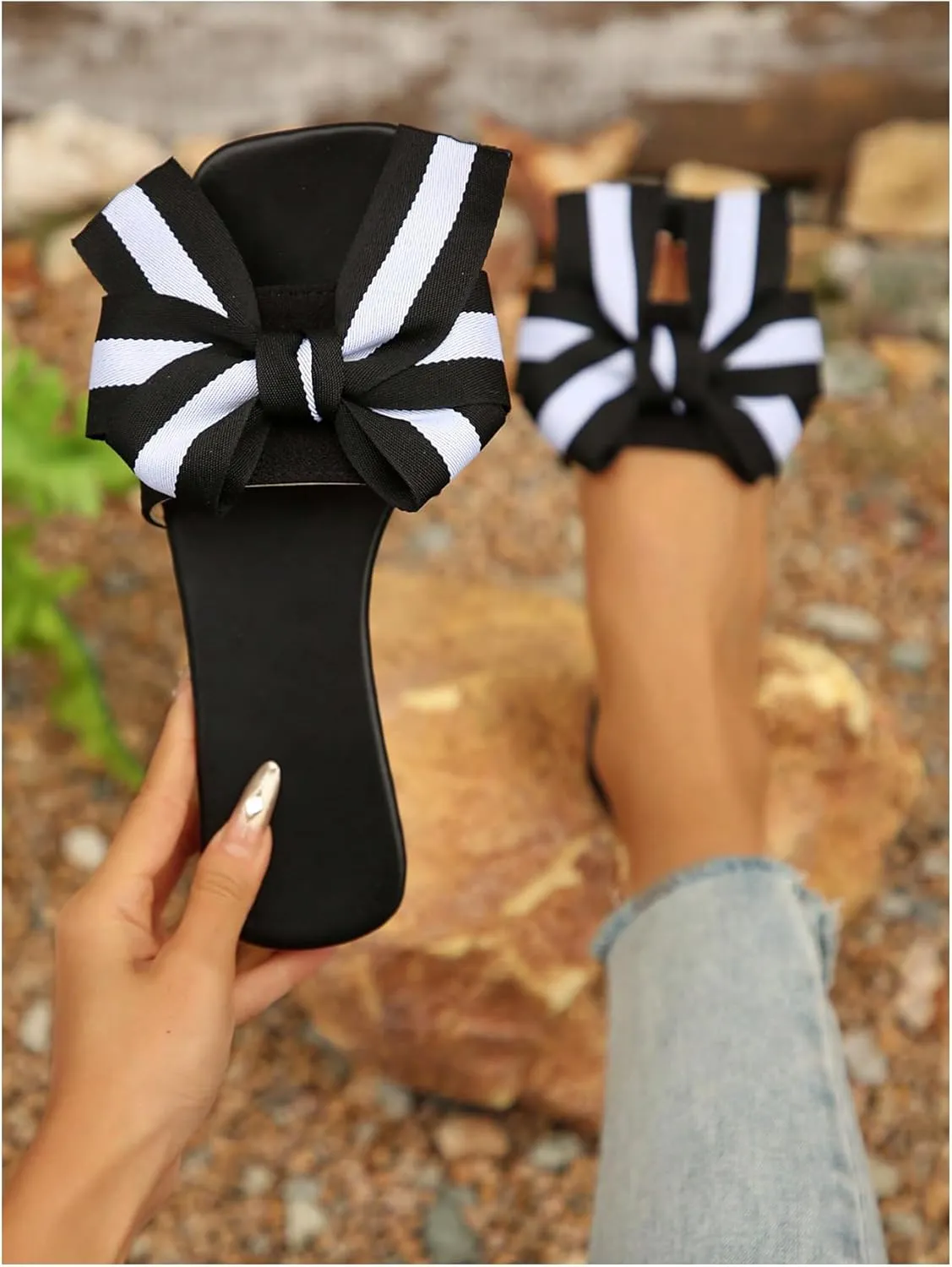 GORGLITTER Women's Bow Sandals Square Open Toe Slip on Dressy Summer Sandals