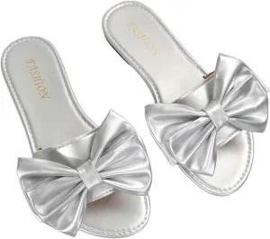 GORGLITTER Women's Bow Slide Sandals Flat Dressy Round Open Toe Slip on Summer Sandal