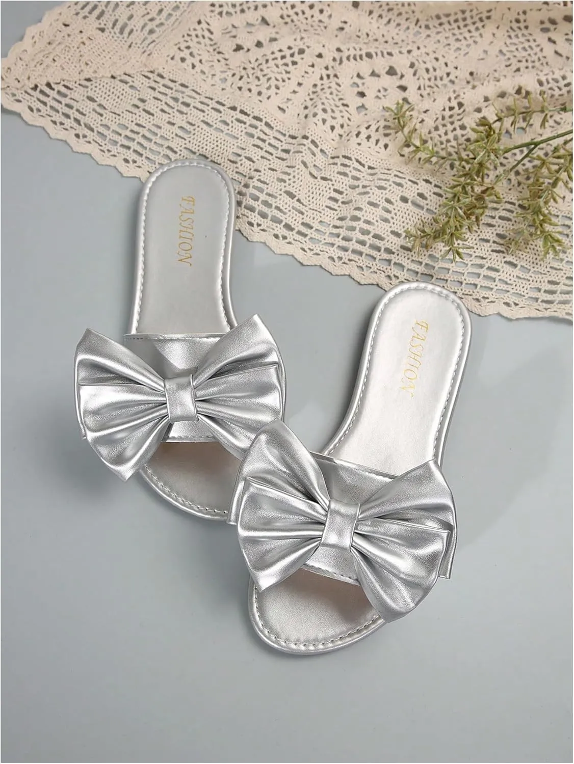 GORGLITTER Women's Bow Slide Sandals Flat Dressy Round Open Toe Slip on Summer Sandal