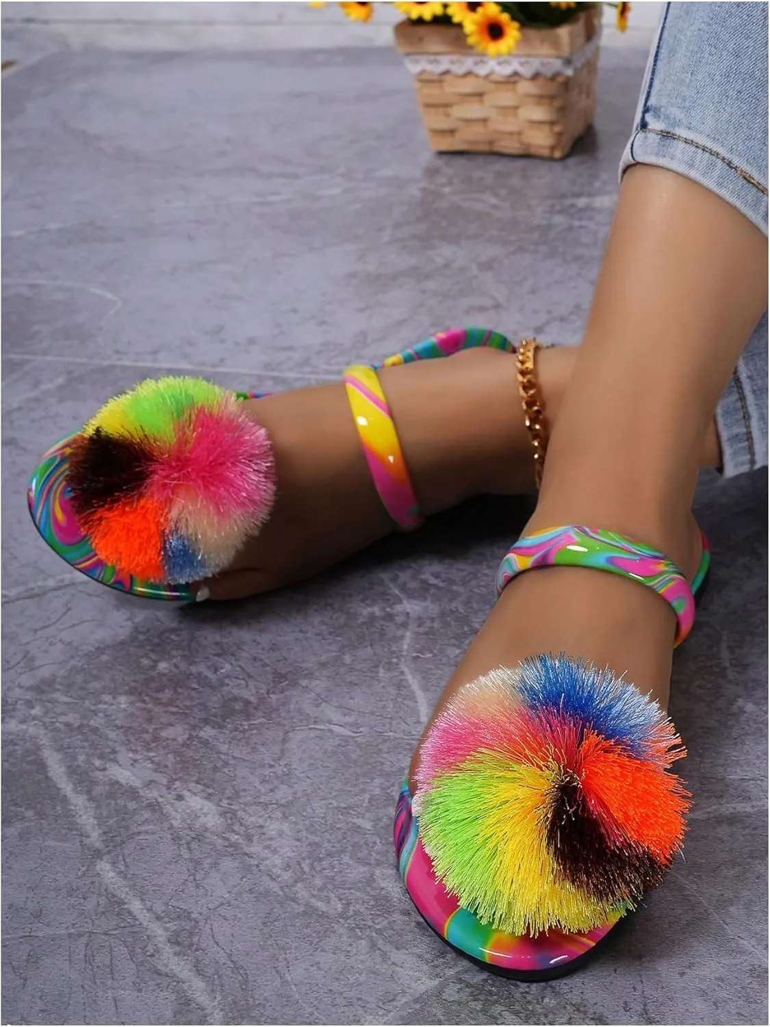 GORGLITTER Women's Colorful Rainbow Flat Sandals 2025 Fuzzy Dressy Slides Slip On Shoes