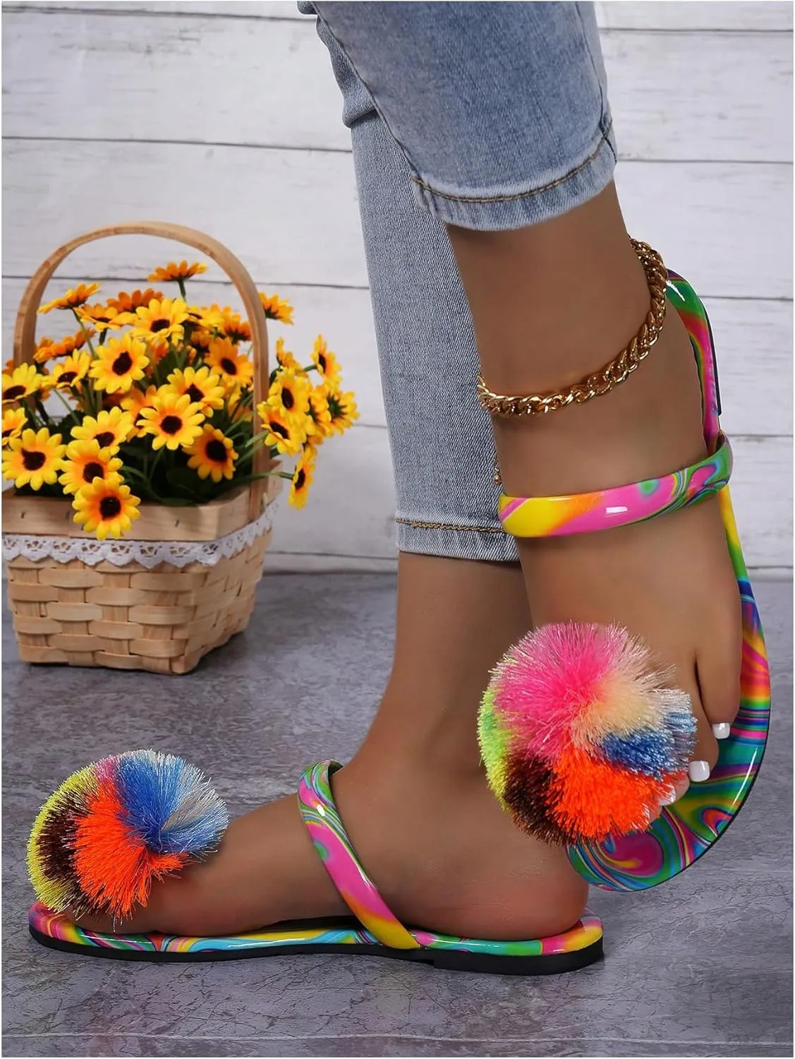 GORGLITTER Women's Colorful Rainbow Flat Sandals 2025 Fuzzy Dressy Slides Slip On Shoes
