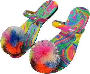 GORGLITTER Women's Colorful Rainbow Flat Sandals 2025 Fuzzy Dressy Slides Slip On Shoes