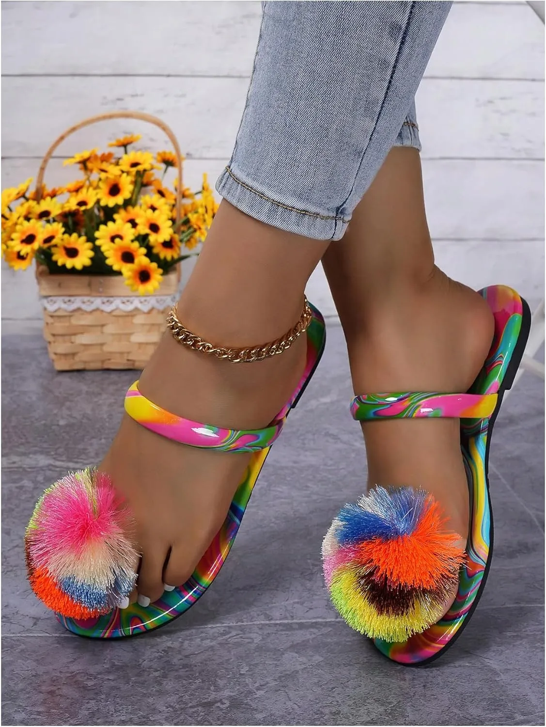 GORGLITTER Women's Colorful Rainbow Flat Sandals 2025 Fuzzy Dressy Slides Slip On Shoes