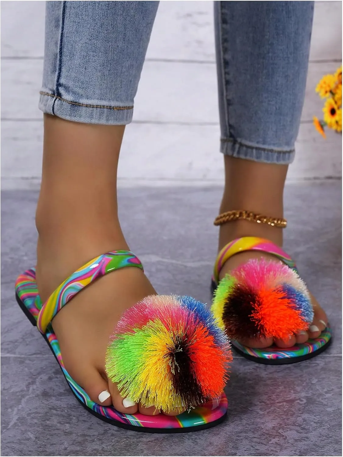 GORGLITTER Women's Colorful Rainbow Flat Sandals 2025 Fuzzy Dressy Slides Slip On Shoes