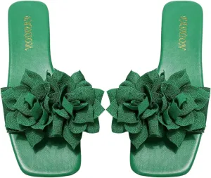 GORGLITTER Women's Flower Applique Flat Sandals Slip on Slide Dressy Vacation Sandals
