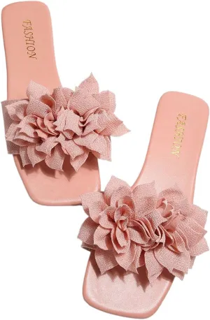 GORGLITTER Women's Flower Applique Flat Sandals Slip on Slide Dressy Vacation Sandals