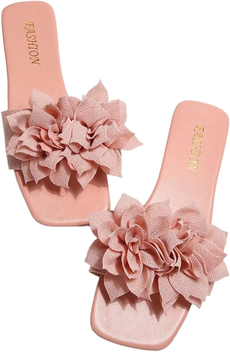 GORGLITTER Women's Flower Applique Flat Sandals Slip on Slide Dressy Vacation Sandals
