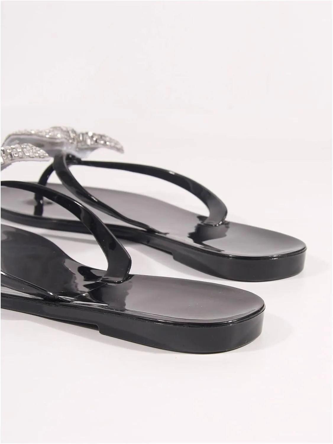 GORGLITTER Women's Glitter Rhinestone Bow Flip Flops Toe Post Flat Sandals Slip On Dressy Slides