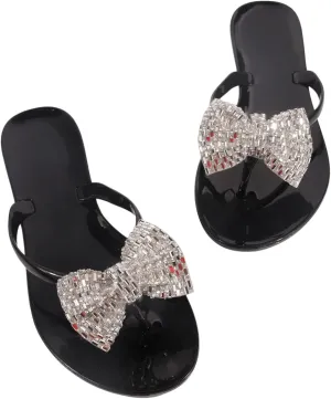 GORGLITTER Women's Glitter Rhinestone Bow Flip Flops Toe Post Flat Sandals Slip On Dressy Slides