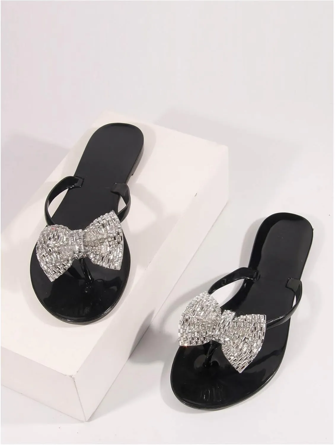 GORGLITTER Women's Glitter Rhinestone Bow Flip Flops Toe Post Flat Sandals Slip On Dressy Slides