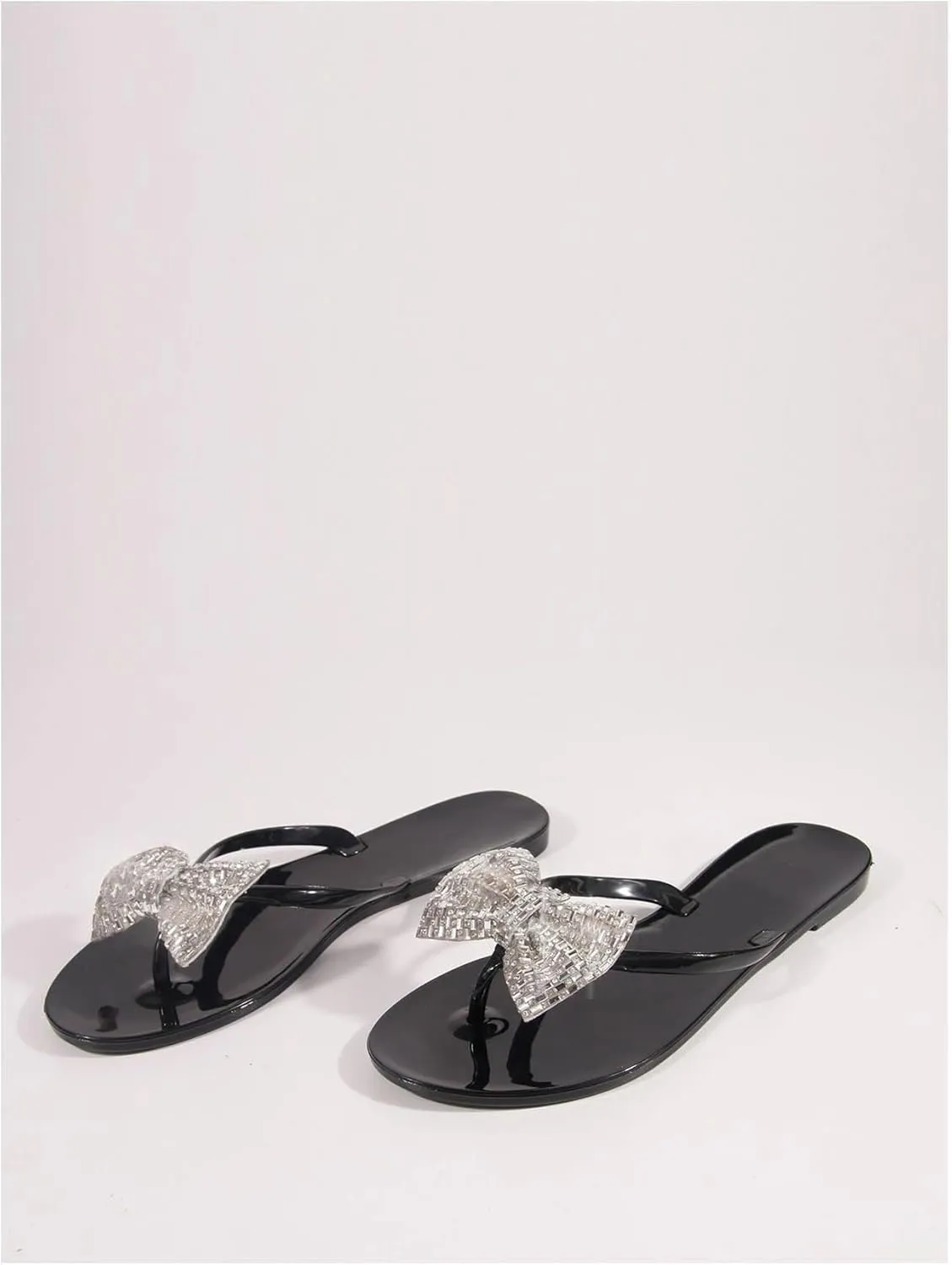 GORGLITTER Women's Glitter Rhinestone Bow Flip Flops Toe Post Flat Sandals Slip On Dressy Slides