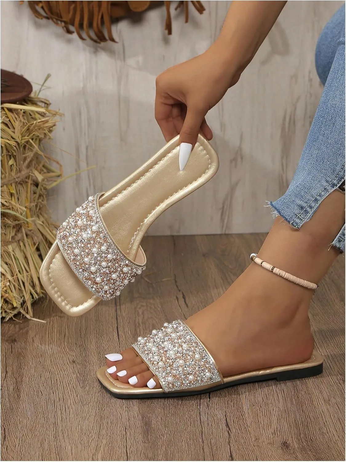 GORGLITTER Women's Pearl Sandals Leather Square Open Toe Slip On Dressy Wedding Flat Sandals