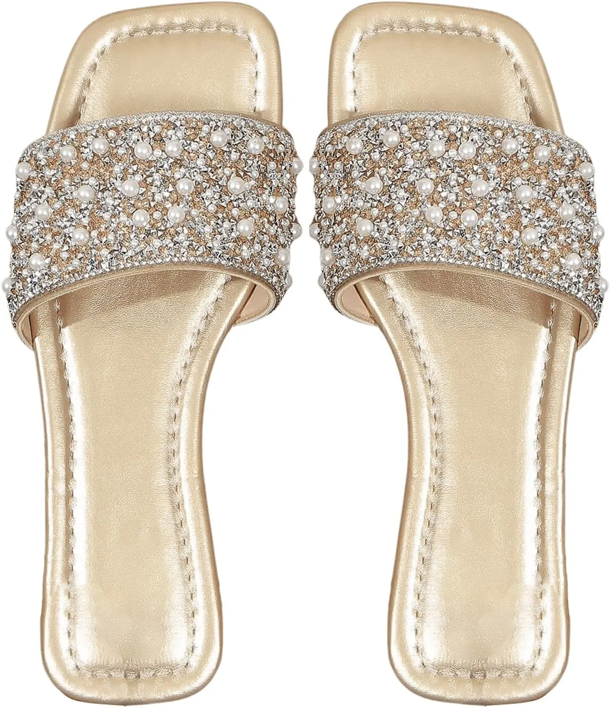 GORGLITTER Women's Pearl Sandals Leather Square Open Toe Slip On Dressy Wedding Flat Sandals