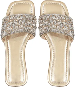 GORGLITTER Women's Pearl Sandals Leather Square Open Toe Slip On Dressy Wedding Flat Sandals