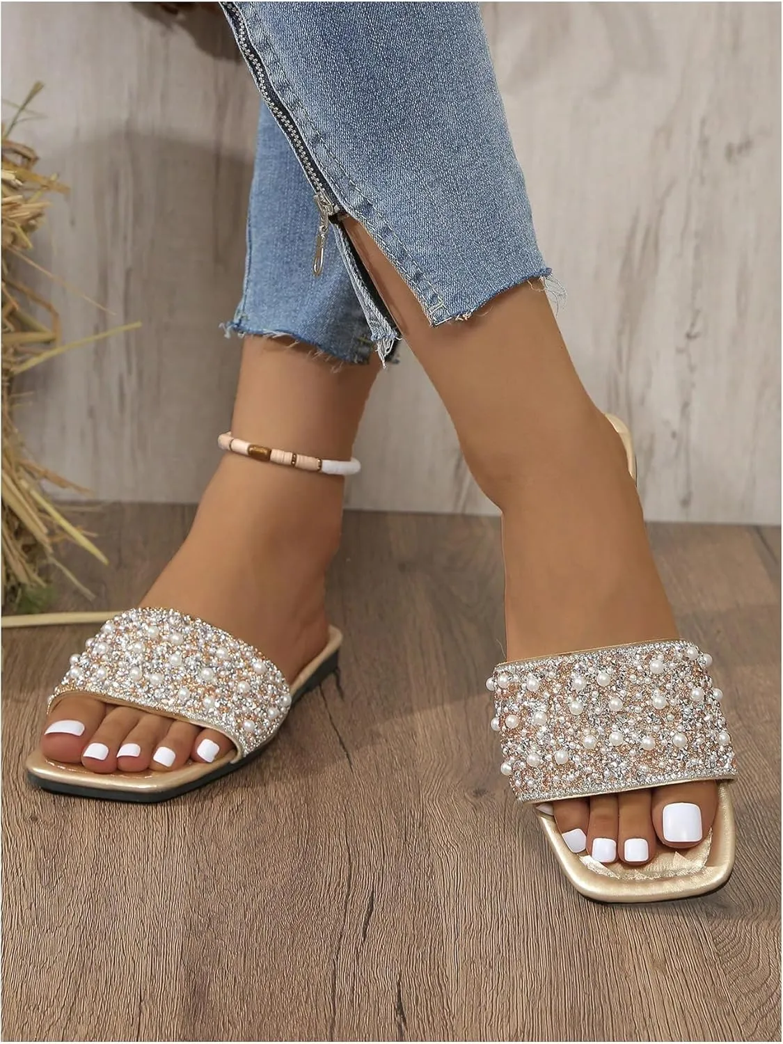 GORGLITTER Women's Pearl Sandals Leather Square Open Toe Slip On Dressy Wedding Flat Sandals