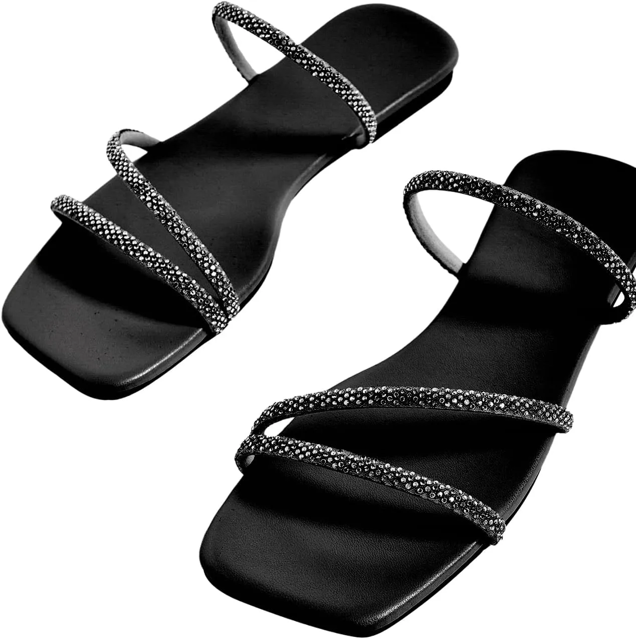 GORGLITTER Women's Rhinestone Flat Sandals Strappy Slip on Open Toe Slide Sandals
