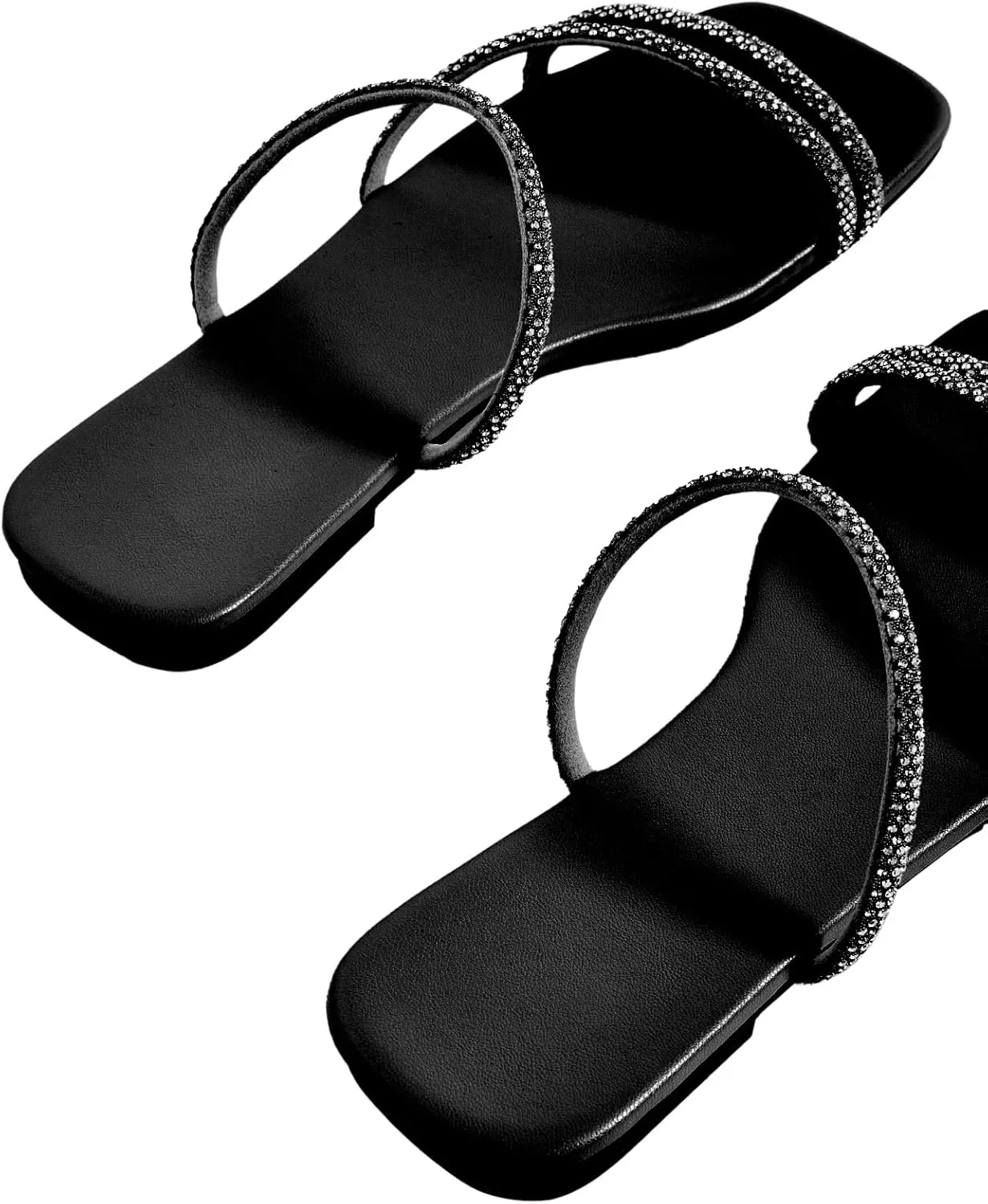 GORGLITTER Women's Rhinestone Flat Sandals Strappy Slip on Open Toe Slide Sandals