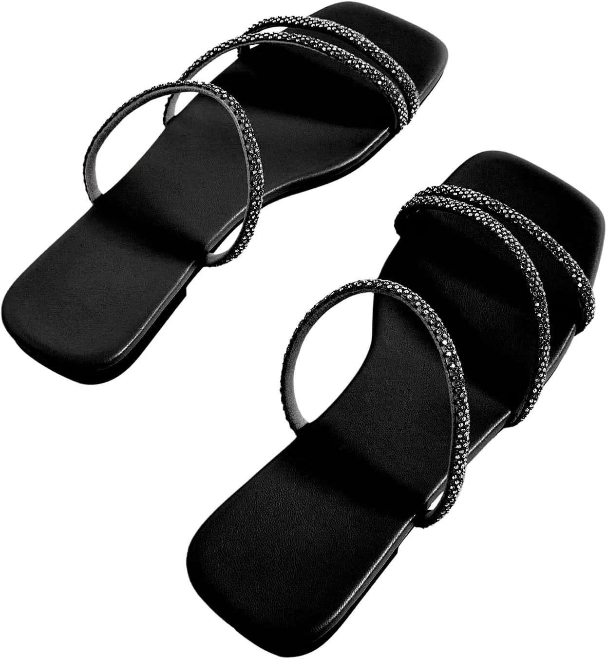 GORGLITTER Women's Rhinestone Flat Sandals Strappy Slip on Open Toe Slide Sandals