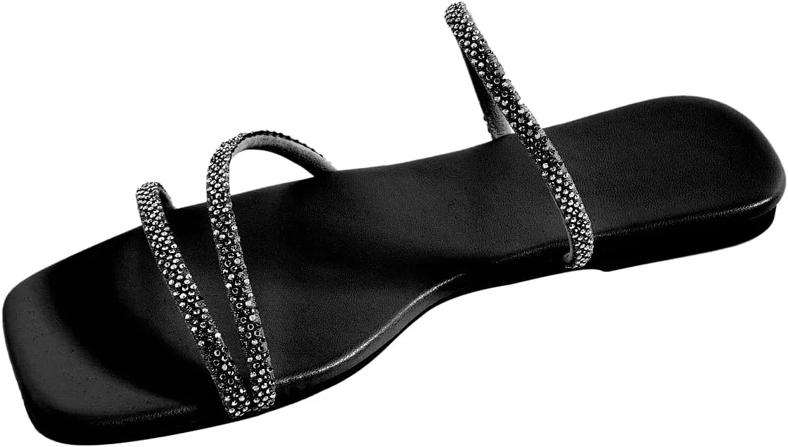GORGLITTER Women's Rhinestone Flat Sandals Strappy Slip on Open Toe Slide Sandals