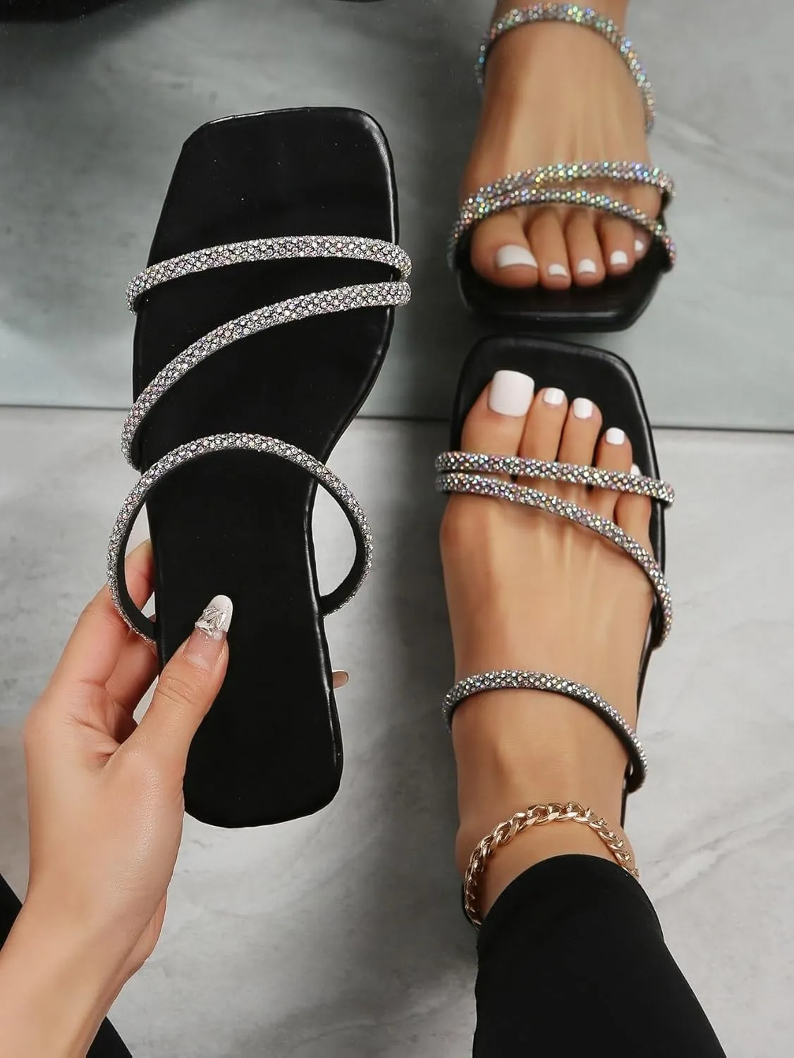 GORGLITTER Women's Rhinestone Flat Sandals Strappy Slip on Open Toe Slide Sandals