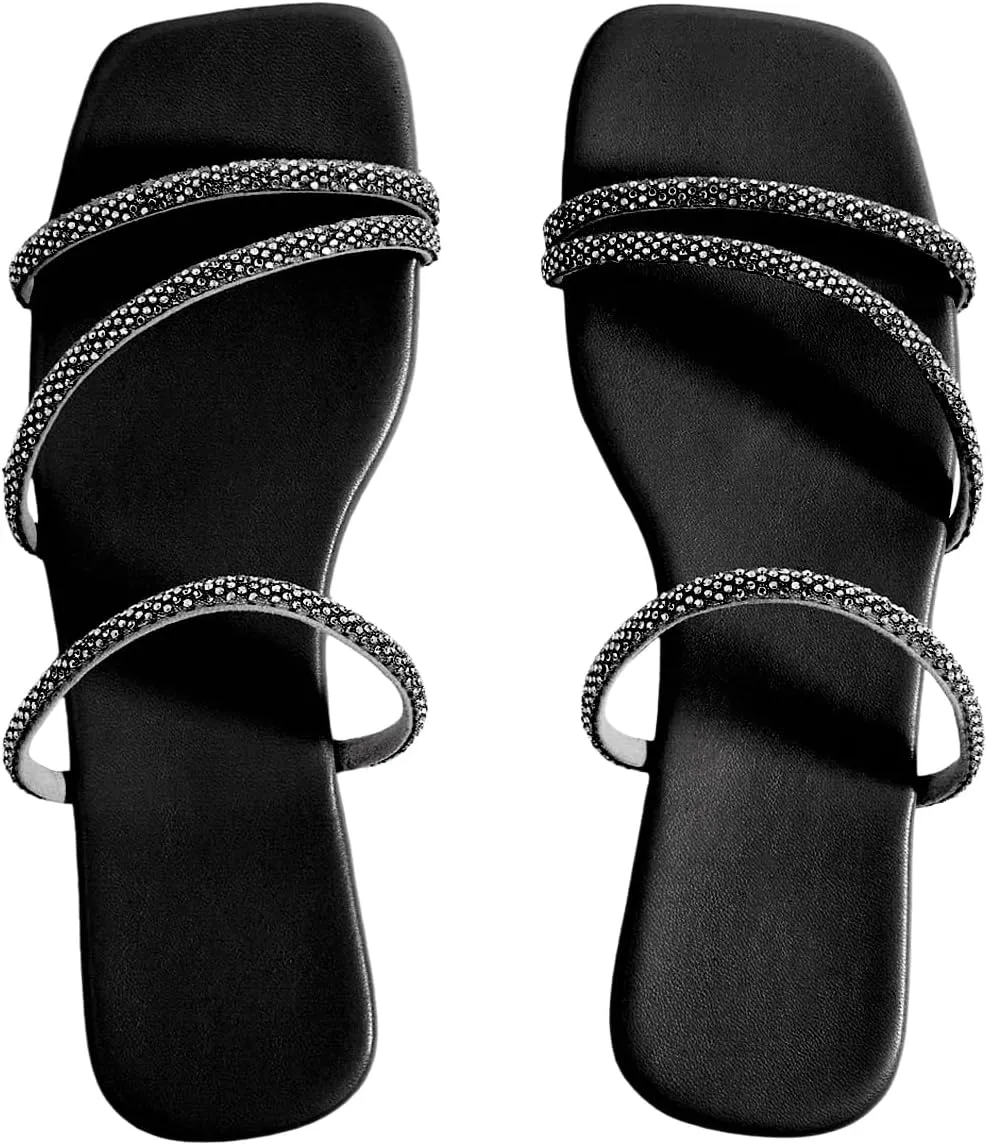 GORGLITTER Women's Rhinestone Flat Sandals Strappy Slip on Open Toe Slide Sandals