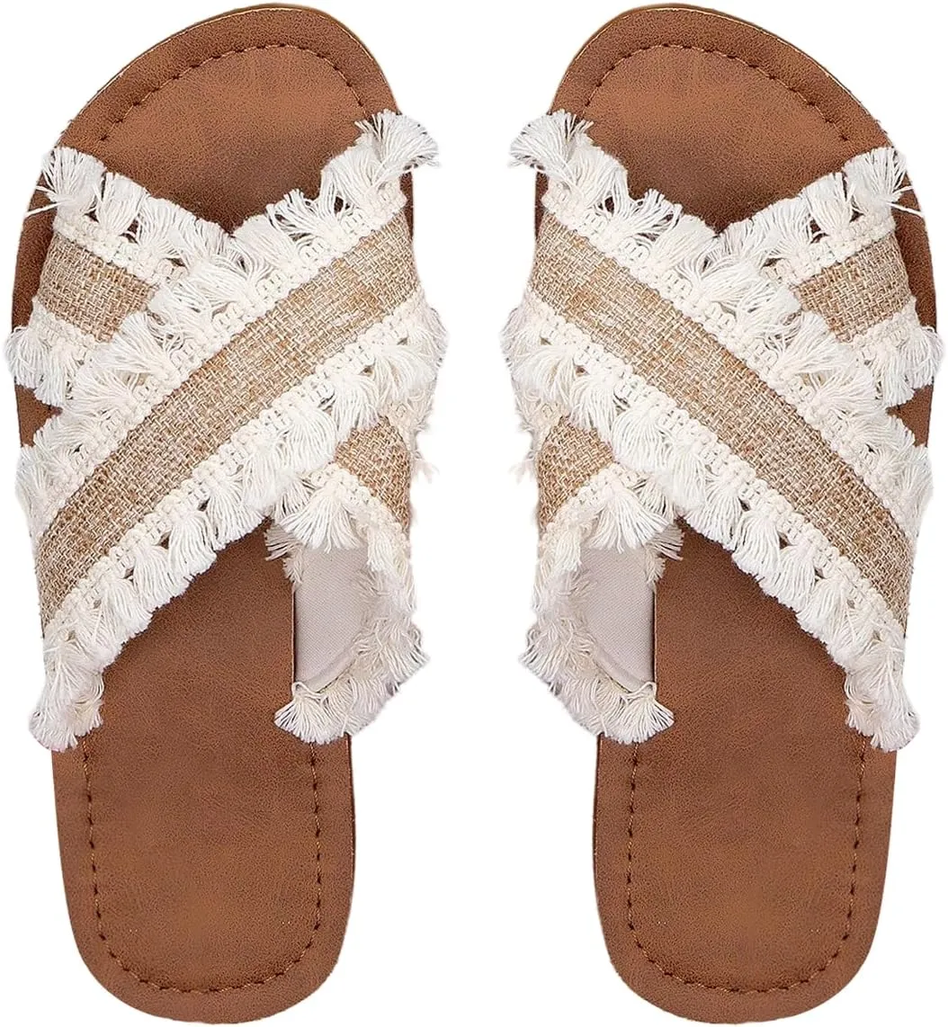 GORGLITTER Women's Tassel Raw Trim Flat Sandals Criss Cross Open Toe Slip On Slide Sandals