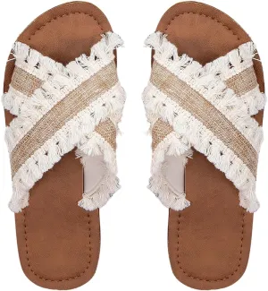 GORGLITTER Women's Tassel Raw Trim Flat Sandals Criss Cross Open Toe Slip On Slide Sandals