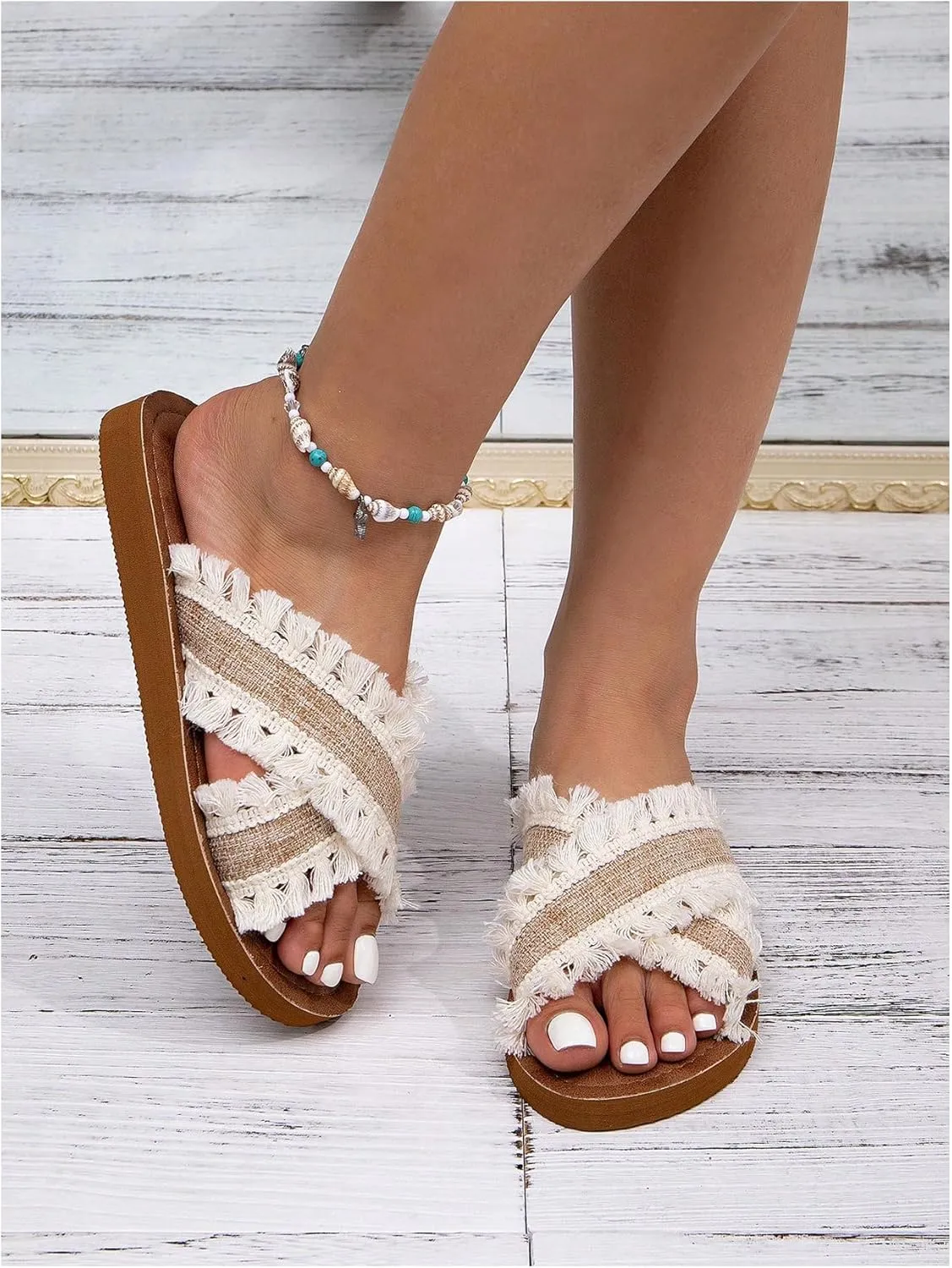 GORGLITTER Women's Tassel Raw Trim Flat Sandals Criss Cross Open Toe Slip On Slide Sandals