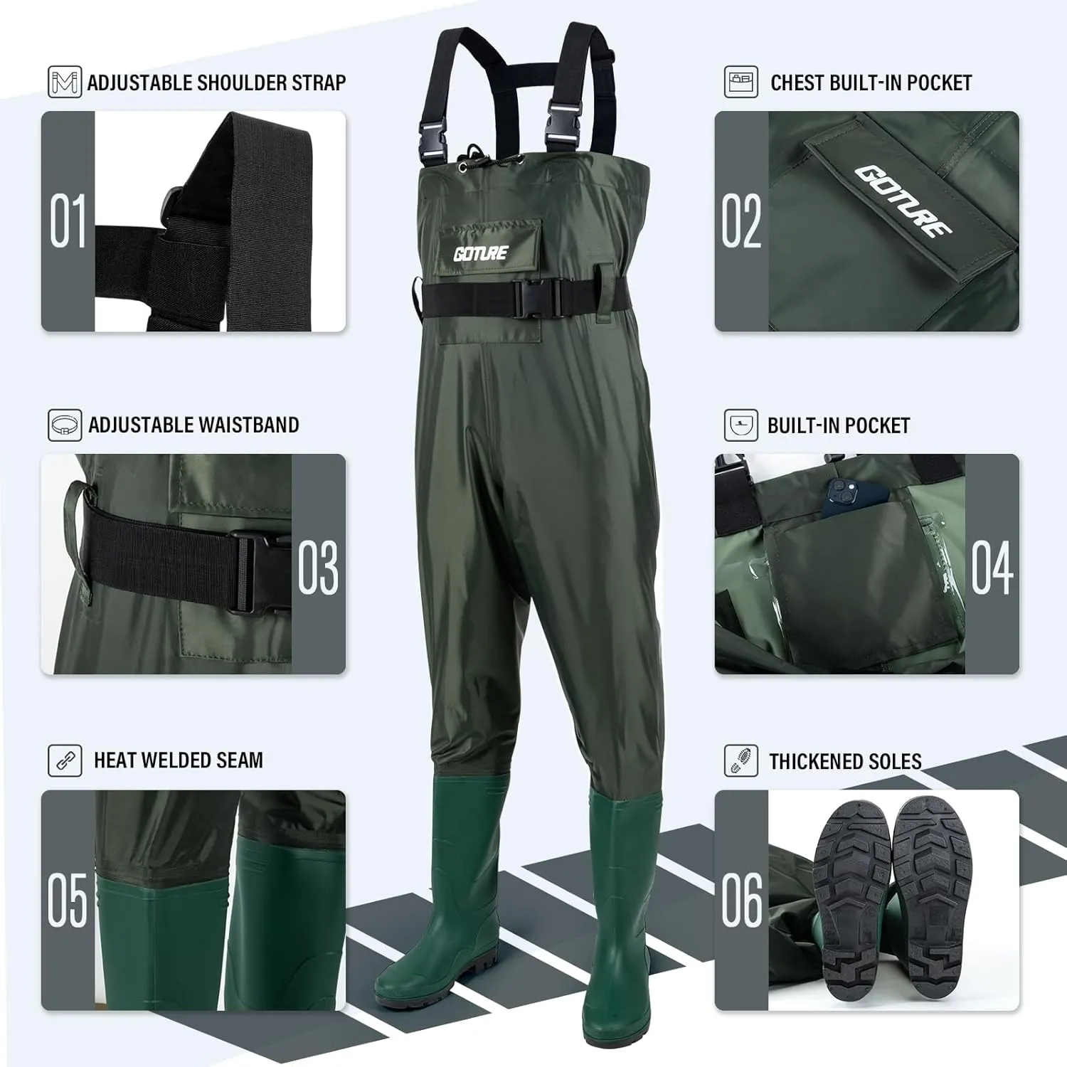 Goture 2-Ply Nylon/PVC Breathable Fishing Wader, Waterproof Hunting Waders with Boot Hanger, Chest Waders for Men Women
