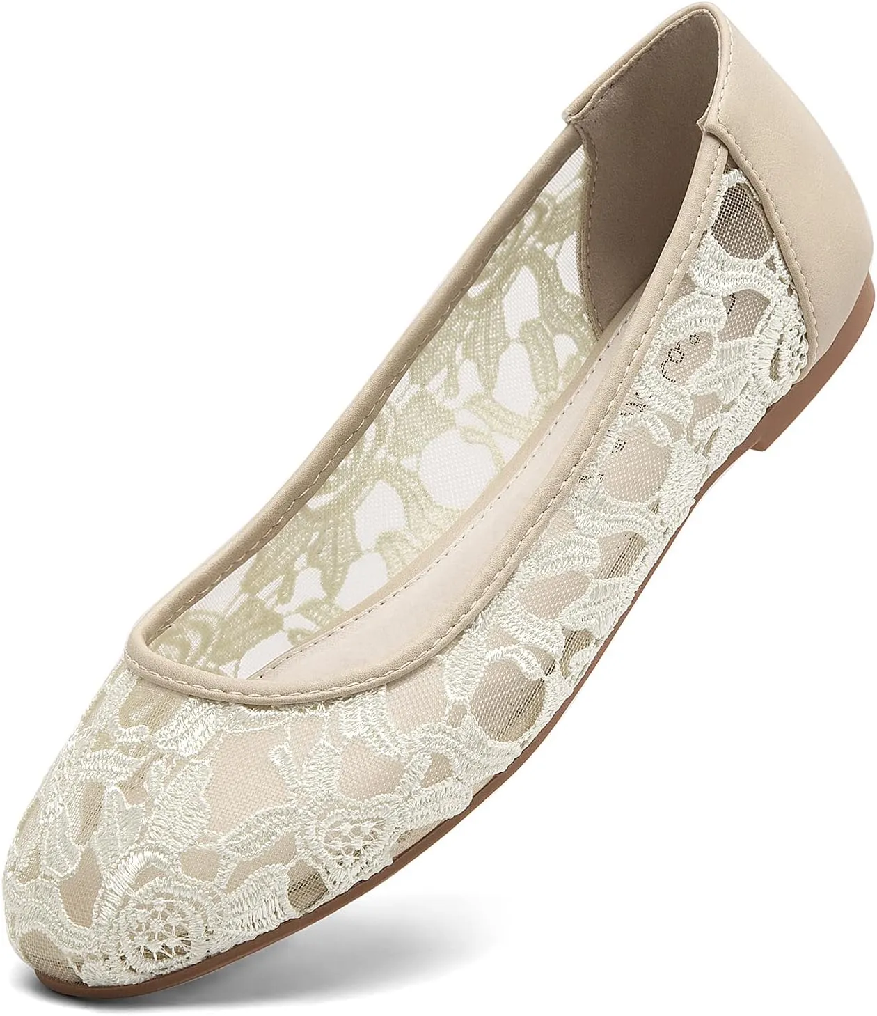 Greatonu Women's Flats Cut Out Round Toe Slip On Floral Ballet Flat Comfortable Lace Flats Dressy