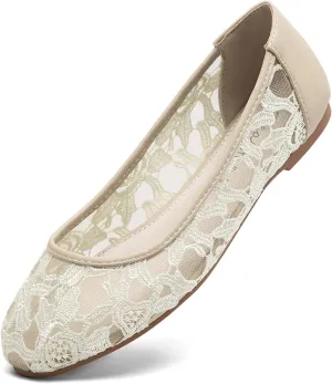 Greatonu Women's Flats Cut Out Round Toe Slip On Floral Ballet Flat Comfortable Lace Flats Dressy