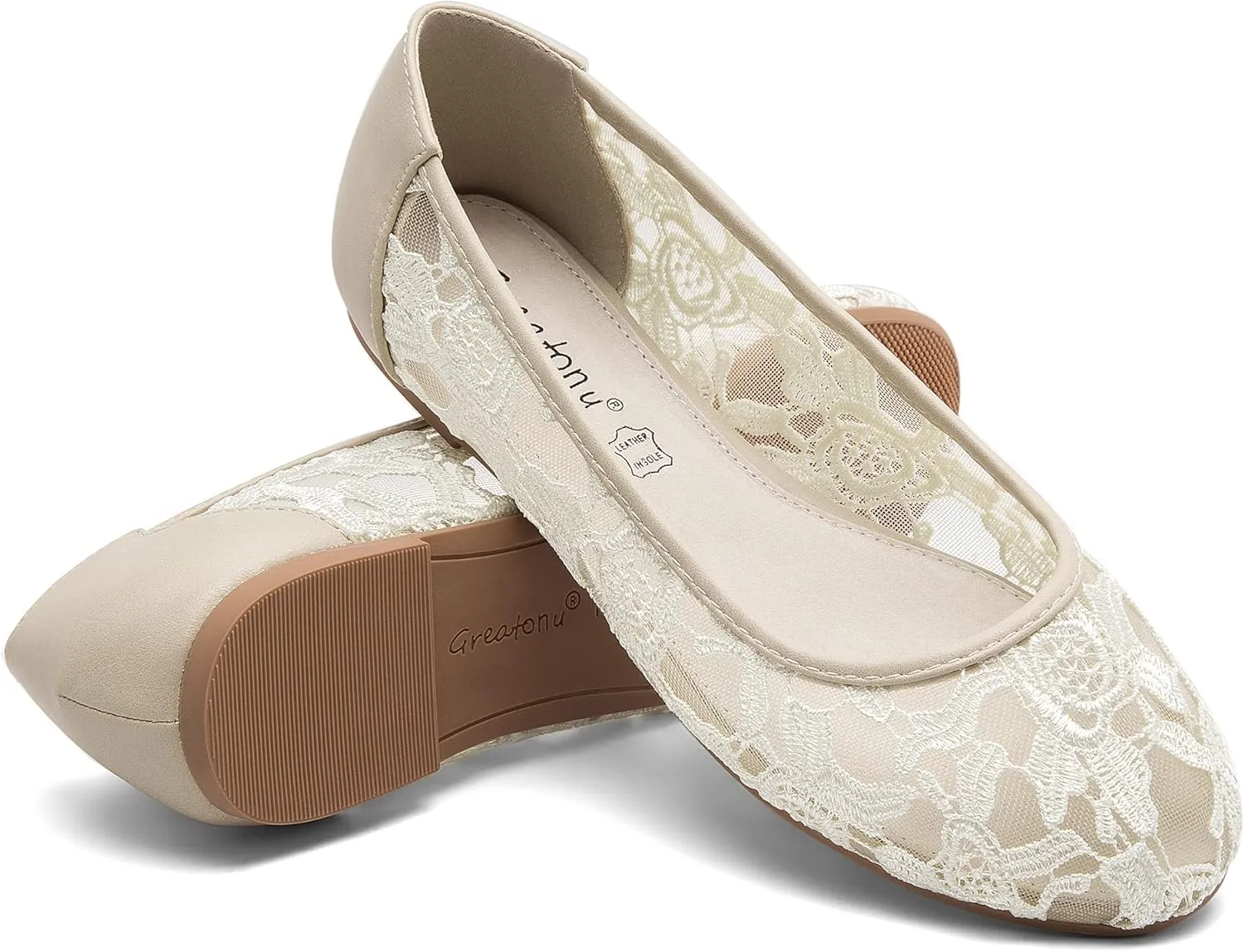 Greatonu Women's Flats Cut Out Round Toe Slip On Floral Ballet Flat Comfortable Lace Flats Dressy