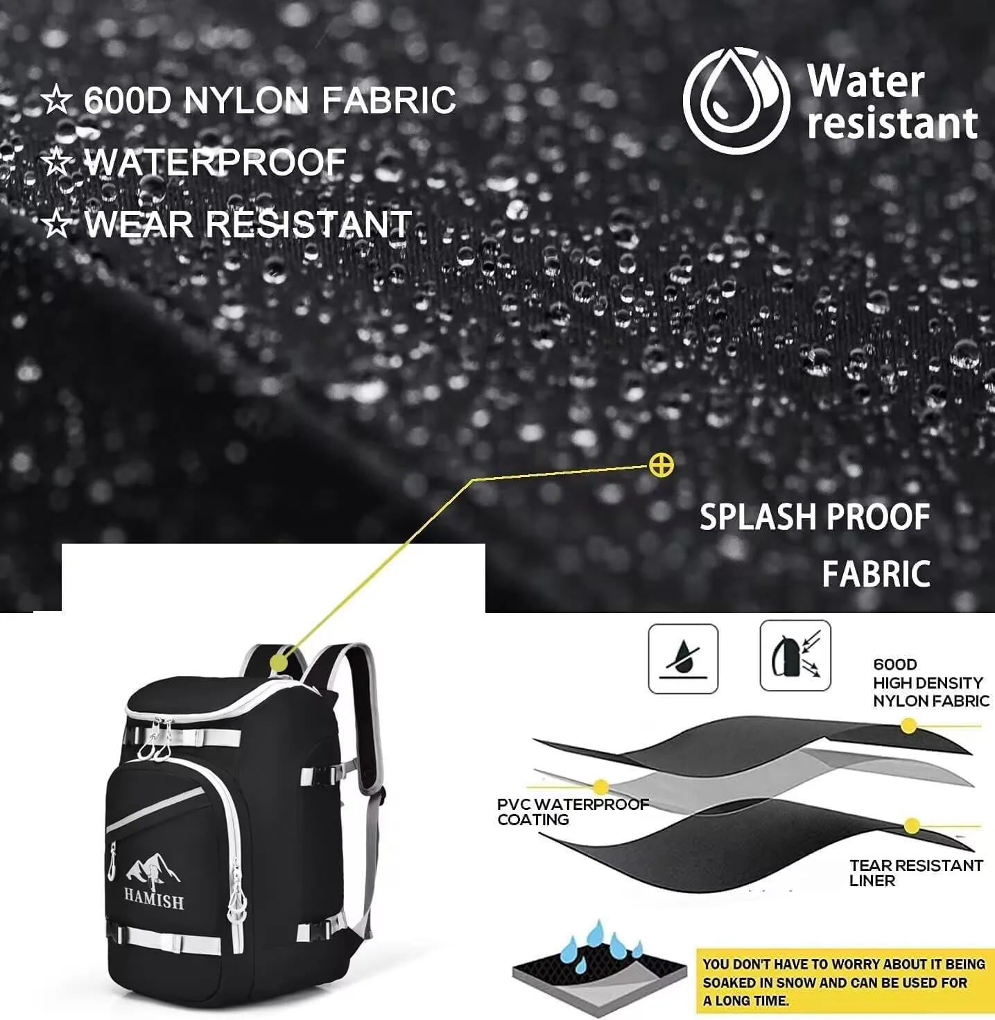 Hamish Ski Boot Bag,1.76cu ft 50L Waterproof large capacity Ski Boots Bag Backpack,Snowboard Travel Lightweight Ski Bag Backpack for Ski Helmet, Goggles, Gloves, Skis, Snowboard & Accessories