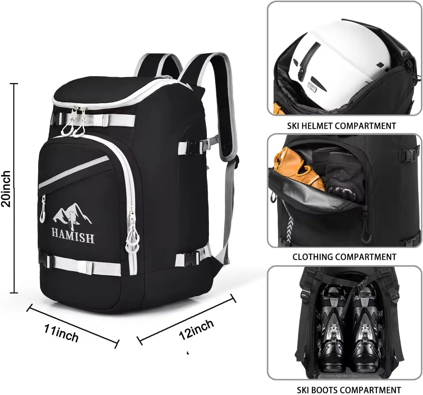 Hamish Ski Boot Bag,1.76cu ft 50L Waterproof large capacity Ski Boots Bag Backpack,Snowboard Travel Lightweight Ski Bag Backpack for Ski Helmet, Goggles, Gloves, Skis, Snowboard & Accessories